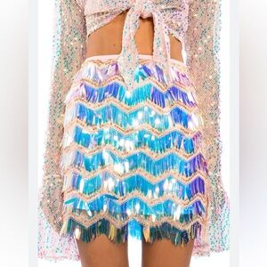 NWT SHINE BRIGHT Iridescent Fringe Pale Pink 🪩 Mini Skirt Small